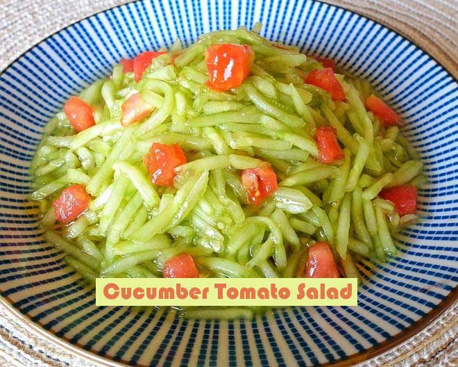  Cucumber Tomato Salad，cucumber strips mix tomato pieces in a blue plate