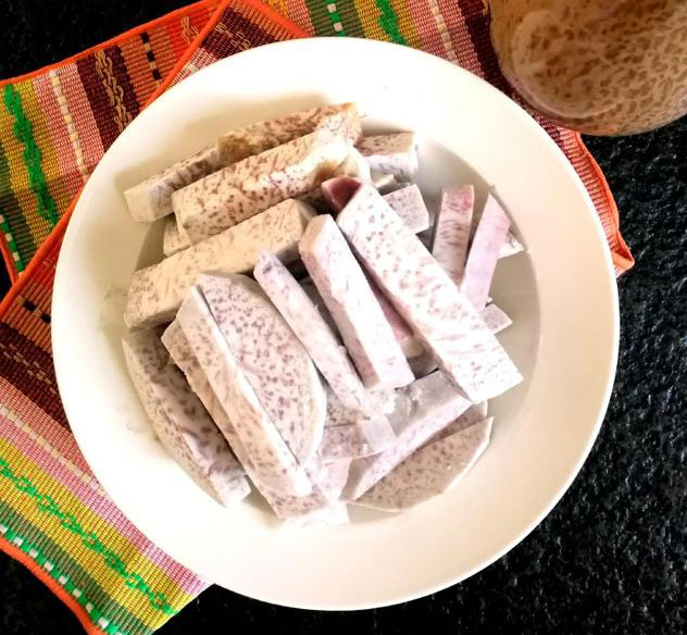 taro strips on a white plate